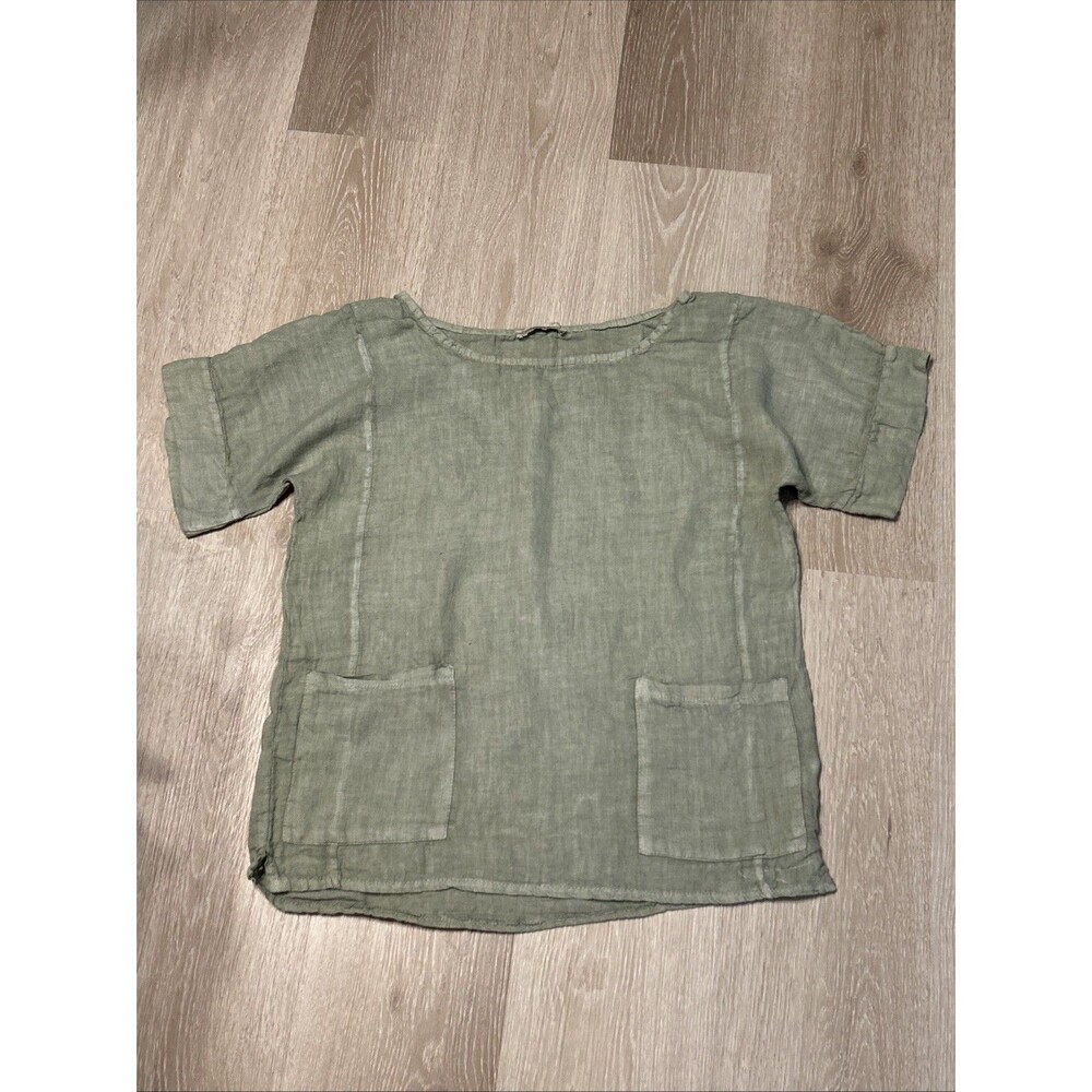 Francesca Bettini 100% Linen Sage Green Patch Pockets Scoop Neck Blouse Neck SzM